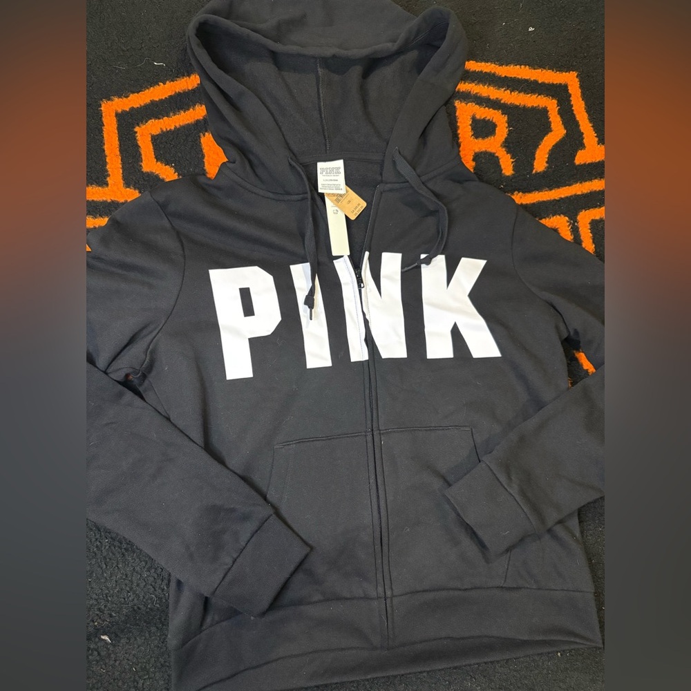 PINK Victoria's Secret Black Zip-Up Hoodie with White Logo